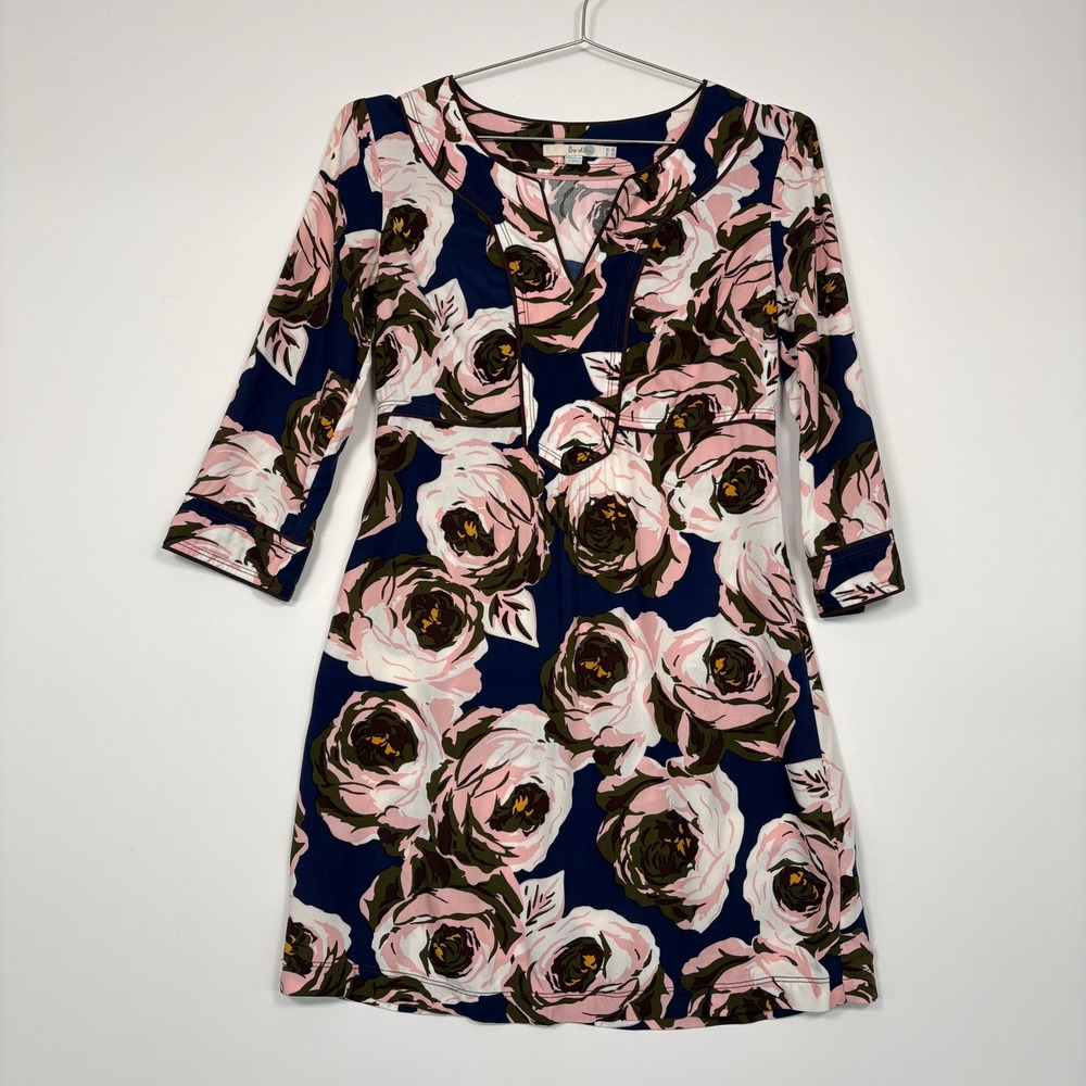 Boden Womens Shift Dress Size 4R Navy Pink Floral Rose 3/4 Sleeve WA360 Mod